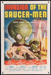 3p180 INVASION OF THE SAUCER MEN linen 1sh '57 classic Kallis art of cabbage head aliens & sexy girl