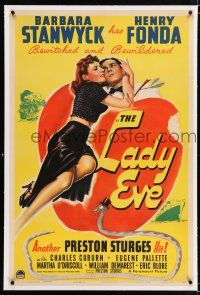 3p198 LADY EVE linen 1sh '41 Preston Sturges, great Biblical art of Barbara Stanwyck & Henry Fonda!