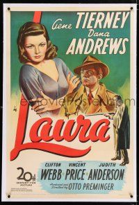 3p208 LAURA linen 1sh '44 art of Dana Andrews between Gene Tierney & Vincent Price, classic noir!