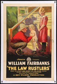 3p210 LAW RUSTLERS linen 1sh '23 great stone litho of cowboy with woman & her orphaned niece!