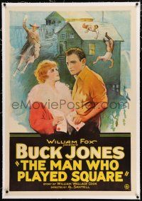 3p237 MAN WHO PLAYED SQUARE linen 1sh '24 gold miner Buck Jones, cool stone litho action art!