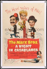 3p259 NIGHT IN CASABLANCA linen 1sh '46 wonderful art of The Marx Brothers, Groucho, Chico & Harpo!