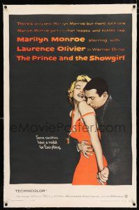 3p299 PRINCE & THE SHOWGIRL linen 1sh '57 Laurence Olivier nuzzles sexy Marilyn Monroe's shoulder!