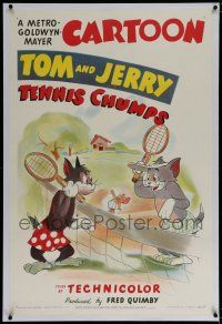 3p389 TENNIS CHUMPS linen 1sh '49 wonderful cartoon image of Tom & Jerry w/ Butch on tennis court!
