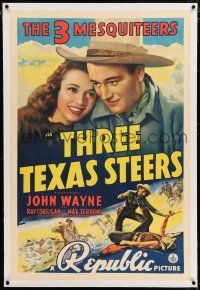 3p402 THREE TEXAS STEERS linen 1sh '39 portrait of John Wayne as one of the Three Mesquiteers!