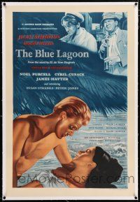 3r210 BLUE LAGOON linen English 1sh '49 Jean Simmons, great art of youthful lovers on beach!