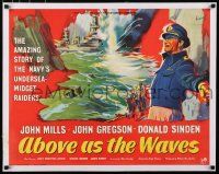 3r207 ABOVE US THE WAVES linen English 1/2sh '56 Simhou art of John Mills & English WWII battleship!