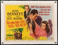 3r027 WOMAN ON THE BEACH linen style A 1/2sh '46 Robert Ryan loves Joan Bennett who loves money!