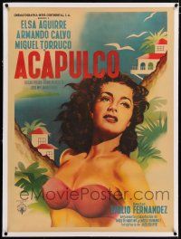 3r078 ACAPULCO linen Mexican poster '52 art of sexiest barely-dressed Elsa Aguirre by Mendoza!