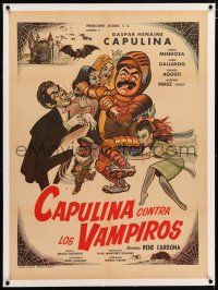 3r081 CAPULINA CONTRA LOS VAMPIROS linen Mexican poster '71 wonderful Cabral vampire art!