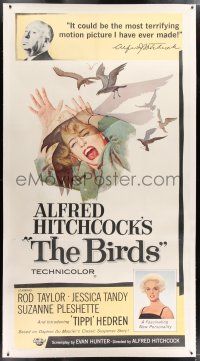 3s142 BIRDS linen 3sh '63 Alfred Hitchcock, Tippi Hedren, classic art of attacking avians, rare!