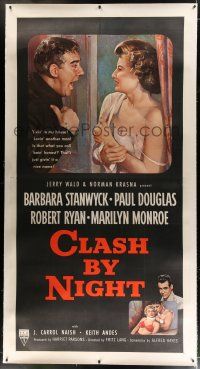 3s148 CLASH BY NIGHT linen 3sh '52 Fritz Lang, Barbara Stanwyck, sexy young Marilyn Monroe shown!