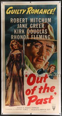 3s174 OUT OF THE PAST linen style A 3sh R53 art of Robert Mitchum & Jane Greer + Kirk Douglas shown!