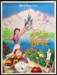 3s102 BEAUTY & THE BEAST linen French 1p '92 Walt Disney cartoon classic, cool art of top cast!