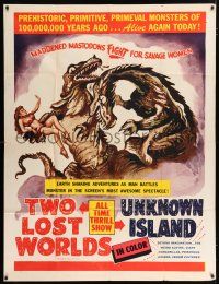 3t115 TWO LOST WORLDS/UNKNOWN ISLAND 2sh '50s cool art of dinosaurs fighting over sexy woman!