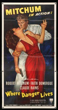 3t114 WHERE DANGER LIVES 3sh '50 best full-length art of Robert Mitchum grabbing Faith Domergue!