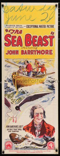 3t450 SEA BEAST long Aust daybill '26 John Barrymore as Captain Ahab, Herman Melville's Moby Dick!