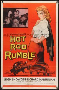 3t168 HOT ROD RUMBLE 1sh '57 full-length art of sexy sleazy bad girl Leigh Snowden & car racing!