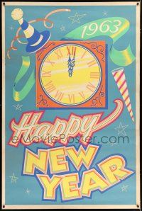 3t097 HAPPY NEW YEAR 1963 40x60 '63 great festive art of the clock about to strike midnight!