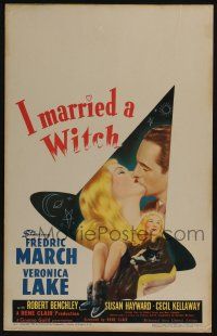 3t136 I MARRIED A WITCH WC '42 wonderful art of sexiest Veronica Lake holding cat + Fredric March!