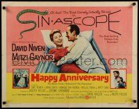 3w189 HAPPY ANNIVERSARY style A 1/2sh '59 great romantic art of David Niven & Mitzi Gaynor in bed!