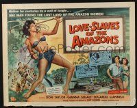 3w248 LOVE-SLAVES OF THE AMAZONS 1/2sh '57 art of sexy barely-dressed female native throwing spear!
