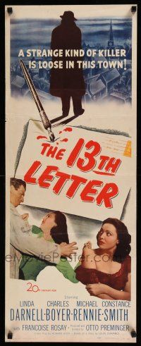 3w428 13th LETTER insert '51 Otto Preminger, Linda Darnell, a strange kind of killer is loose!