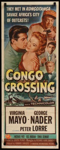 3w497 CONGO CROSSING insert '56 Peter Lorre pointing gun at Virginia Mayo & George Nader!