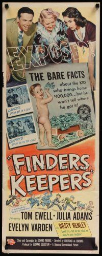 3w531 FINDERS KEEPERS insert '52 Tom Ewell, Julia Adams, Evelyn Varden, wacky naked rich baby boy