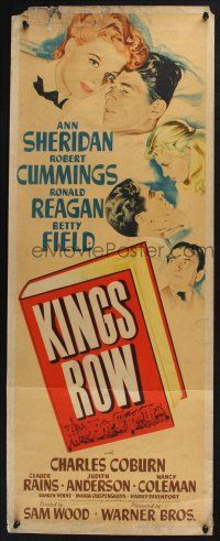 3w589 KINGS ROW insert '42 art of Ronald Reagan, Ann Sheridan & Robert Cummings, classic!