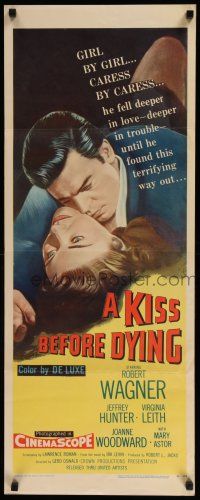 3w590 KISS BEFORE DYING insert '56 great close up art of Robert Wagner & Joanne Woodward!