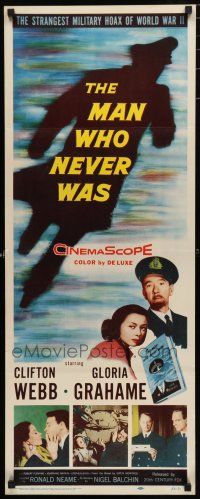 3w631 MAN WHO NEVER WAS insert '56 Clifton Webb, Gloria Grahame, strangest military hoax of WWII!