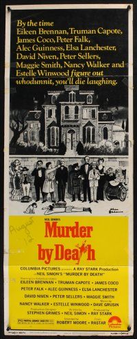 3w658 MURDER BY DEATH insert '76 great Charles Addams art of cast by dead body & spooky house!