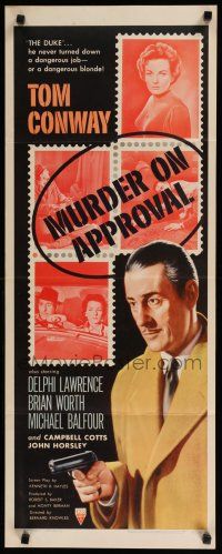 3w659 MURDER ON APPROVAL insert '56 art of detective Tom Conway w/pistol, English noir!