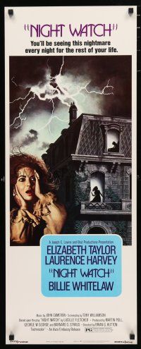 3w669 NIGHT WATCH insert '73 Laurence Harvey, Billie Whitelaw, art of scared Elizabeth Taylor!