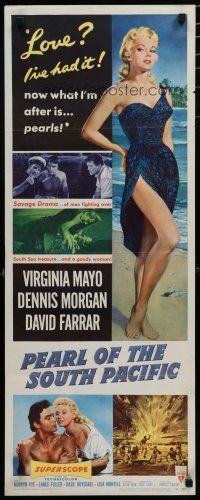 3w687 PEARL OF THE SOUTH PACIFIC insert '55 art of sexy Virginia Mayo in sarong & Dennis Morgan!