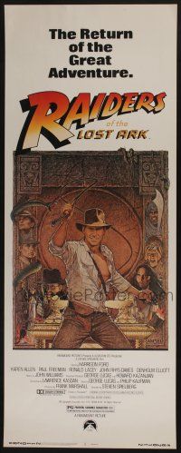 3w712 RAIDERS OF THE LOST ARK insert R82 great art of adventurer Harrison Ford by Richard Amsel!
