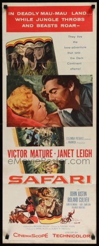 3w739 SAFARI insert '56 artwork of Victor Mature & Janet Leigh in deadly Mau-Mau land!