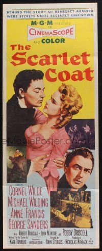 3w744 SCARLET COAT insert '55 romantic art of Cornel Wilde & Anne Francis, John Sturges directed!
