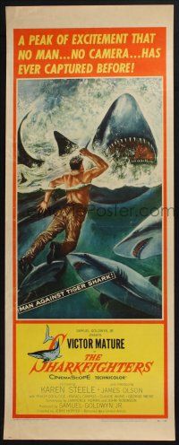 3w755 SHARKFIGHTERS insert '56 Victor Mature, cool artwork of man fighting sharks w/knife!