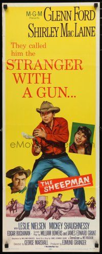 3w757 SHEEPMAN insert '58 cool art of Glenn Ford pointing smoking gun, Shirley MacLaine!