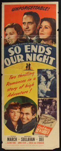 3w766 SO ENDS OUR NIGHT insert '41 Fredric March, Margaret Sullavan & Frances Dee flee from Nazis!