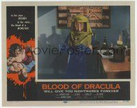3z069 BLOOD OF DRACULA LC #1 '57 close up of guy in biohazard suit, cool vampire border art!