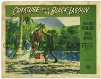3z076 CREATURE FROM THE BLACK LAGOON LC #7 '54 Julia Adams watches Gozier attack monster on beach!