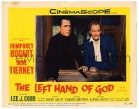 3z735 LEFT HAND OF GOD LC #8 '55 close up of priest Humphrey Bogart holding gun w/ E.G. Marshall!