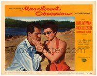 3z758 MAGNIFICENT OBSESSION LC #2 '54 close up of Rock Hudson on beach with blind Jane Wyman!