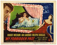 3z799 MY FORBIDDEN PAST LC #4 '51 Ava Gardner in bed, the kind of girl that made New Orleans famous