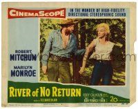 3z860 RIVER OF NO RETURN LC #4 '54 tough cowboy Murvyn Vye grabs sexiest Marilyn Monroe by the arm!