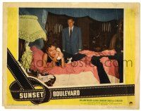 3z160 SUNSET BOULEVARD LC #4 '50 Wiliam Holden watches crazy Gloria Swanson on phone in bed!