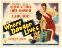 3z488 WHERE DANGER LIVES TC '50 Zamparelli art of Robert Mitchum holding pretty Faith Domergue!